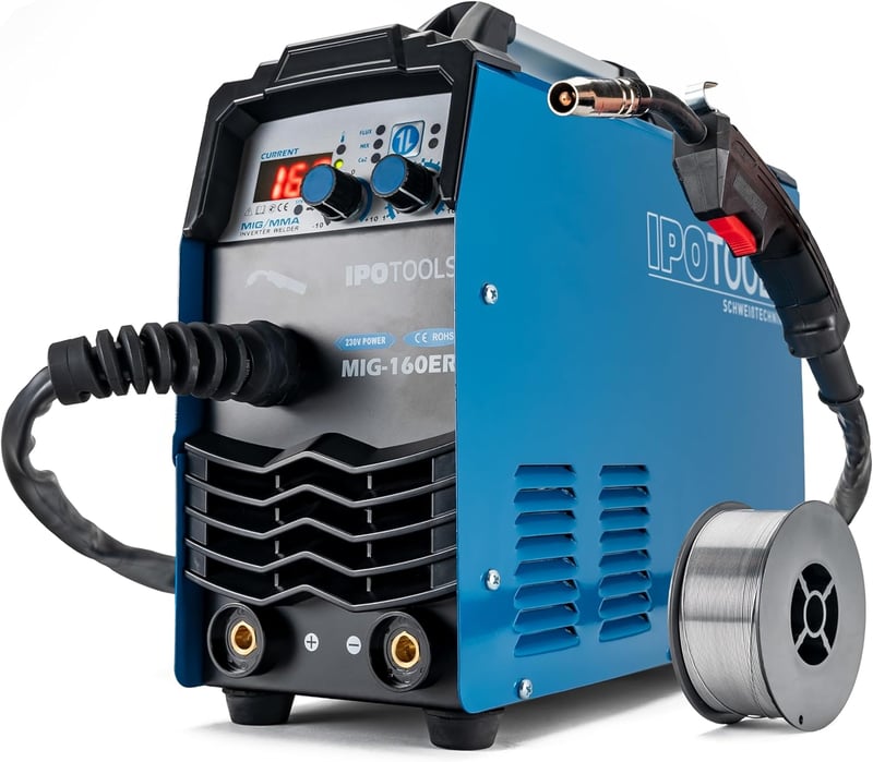 IPOTOOLS MIG-160ER Inverter Hegesztőgép 160A MIG MAG Védőgázas Hegesztő Digitális Kijelzővel IGBT Technológia 230V Kék