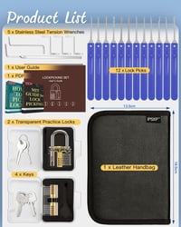 IPSXP Zárnyitó Készlet 17 Eszközzel - Átlátszó Gyakorló Zárakkal és Bőr Táskával - Profi Lockpick Szett Lakatosoknak, Kezdőknek és Szakember 2