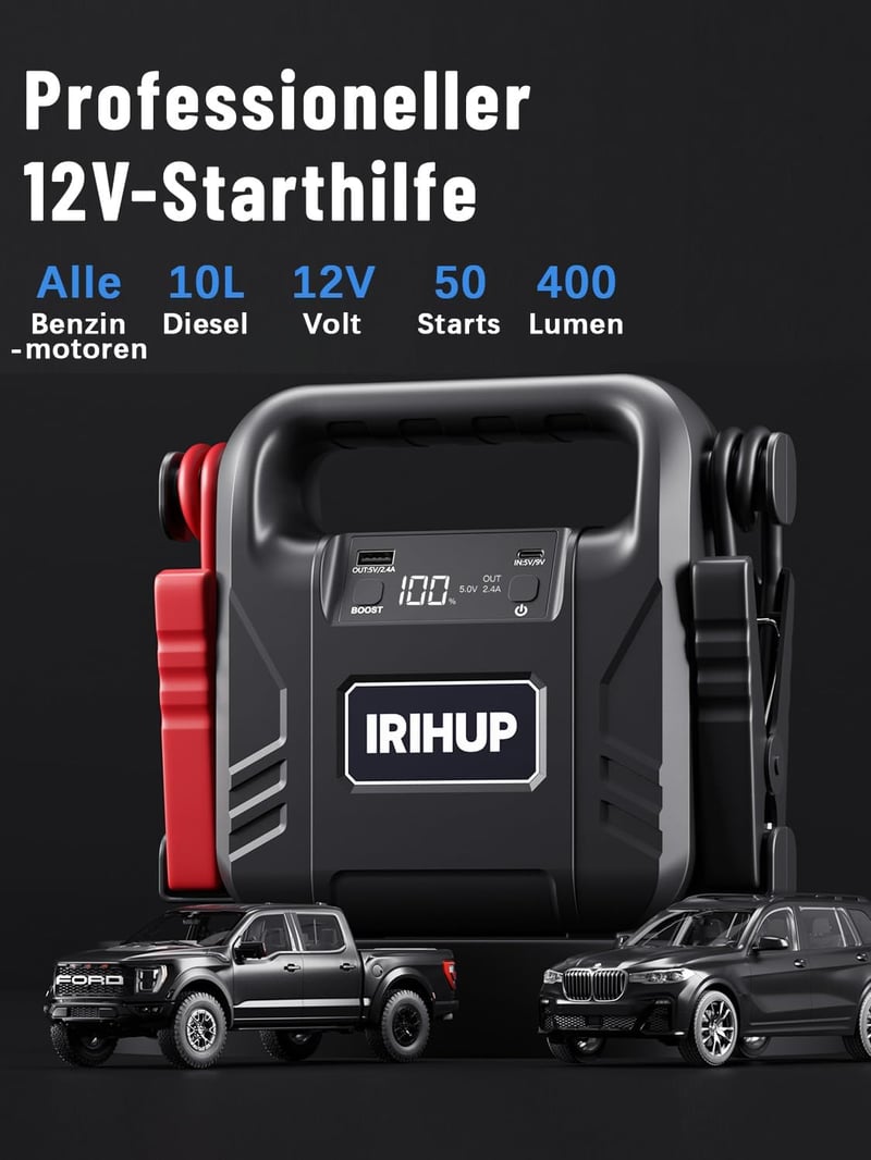 IRIHUP 4000A Autó Indítóakkumulátor 12V Hordozható Jumper Starter USB Töltő