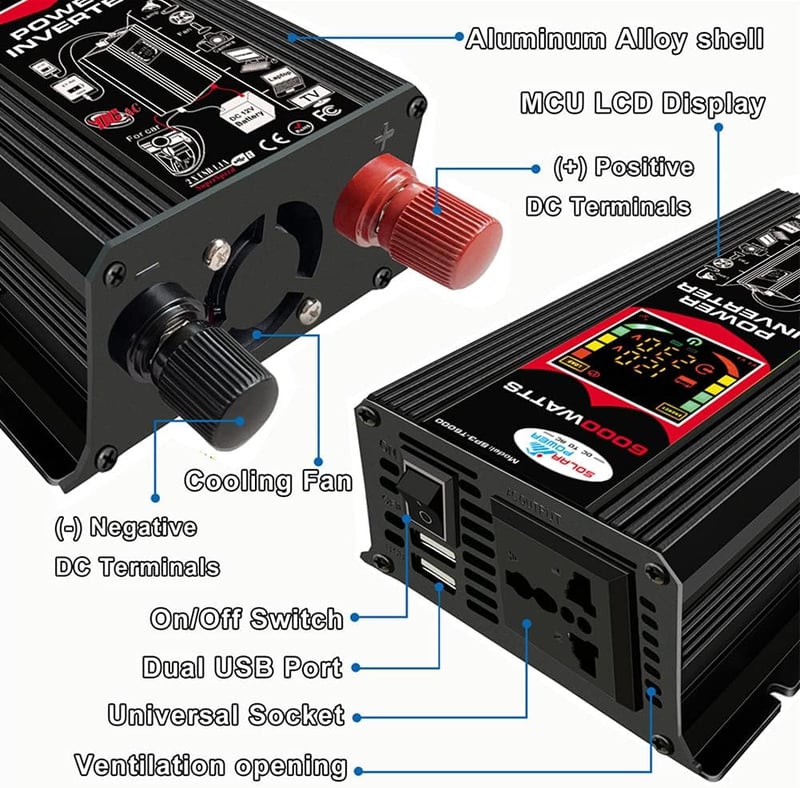Iriisy 6000W Autós Feszültségátalakító 12V 220V Inverter 2 USB Porttal Lakóautóhoz Hűtőszekrényhez Számítógéphez