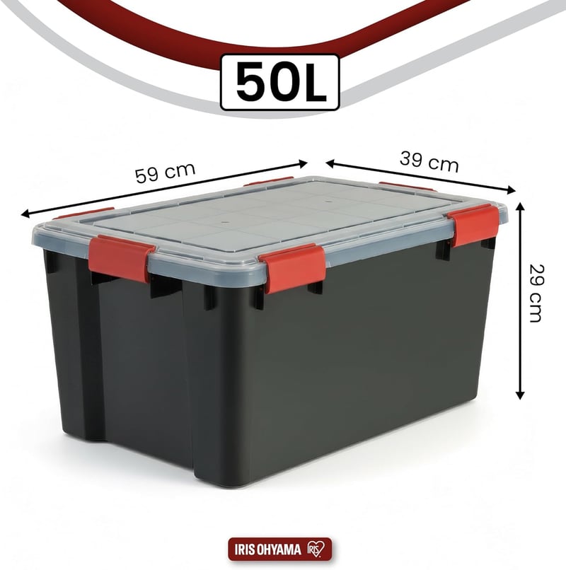 Iris Ohyama 50L Tárolódoboz Szett 4 db Fekete Vízálló Záras Fedéllel Stackelhető - Black, 50L x4