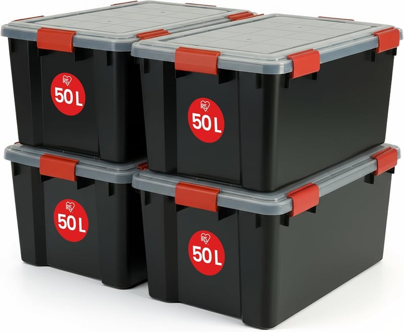 Iris Ohyama 50L Tárolódoboz Szett 4 db Fekete Vízálló Záras Fedéllel Stackelhető - Black, 50L x4