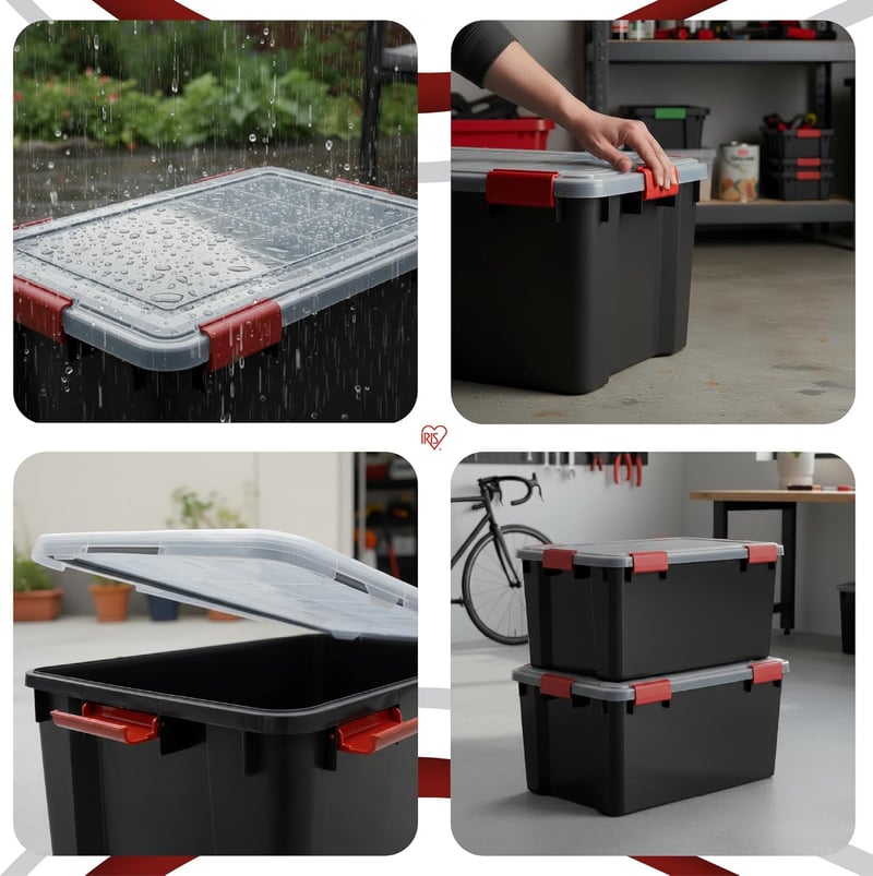 Iris Ohyama 50L Tárolódoboz Szett 4 db Fekete Vízálló Záras Fedéllel Stackelhető - Black, 50L x4