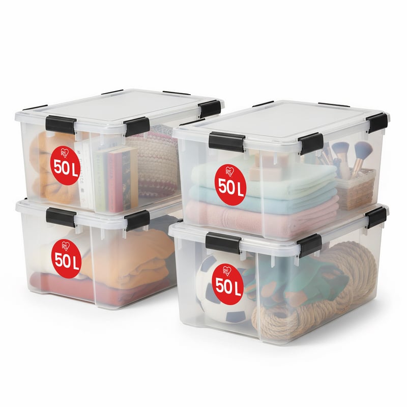 Iris Ohyama AT-L Hermetička plastična kutija za pohranu s poklopcem, 50 L, set od 4 komada, prozirna, vodootporno zatvaranje na kopče, složiva, otporna na prašinu, bez BPA