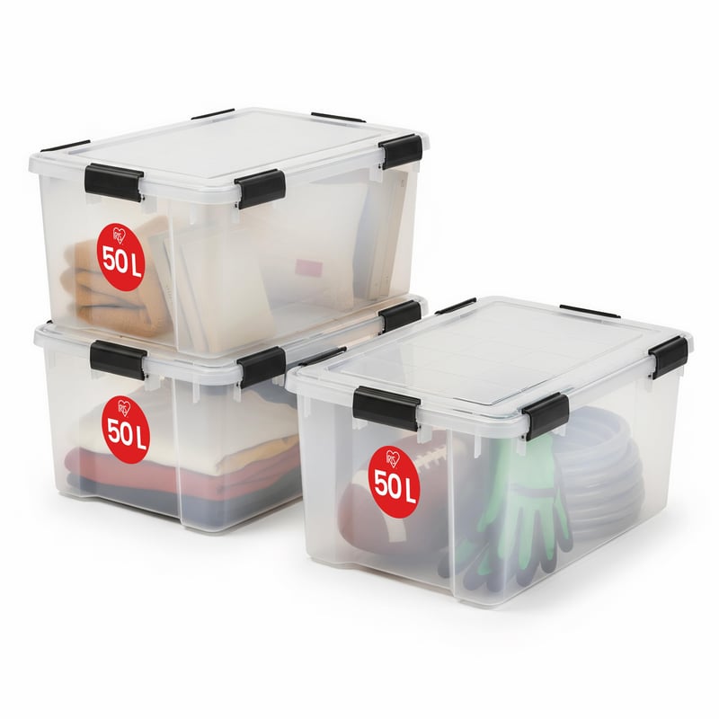 Cutie de depozitare ermetică din plastic Iris Ohyama AT-L cu capac, 50 L, set de 3 bucăți, transparentă, închidere etanșă cu clips, stivuibilă, rezistentă la praf, fără BPA