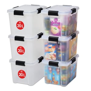 Cutie de Depozitare din Plastic Etanșă cu Capac Iris Ohyama AT-SD, 20 L, Set de 6 bucăți, Transparentă, Închidere cu Cleme Rezistentă la Apă, Stivuibilă, Rezistentă la Praf, fără BPA