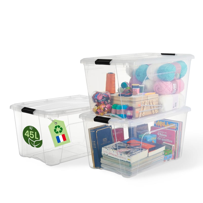 Iris Ohyama BSB-45 Plastična kutija za pohranu s poklopcem 45L, set od 3 komada, prozirna, 98% reciklirana plastika, s kopčama za zatvaranje i ručkom