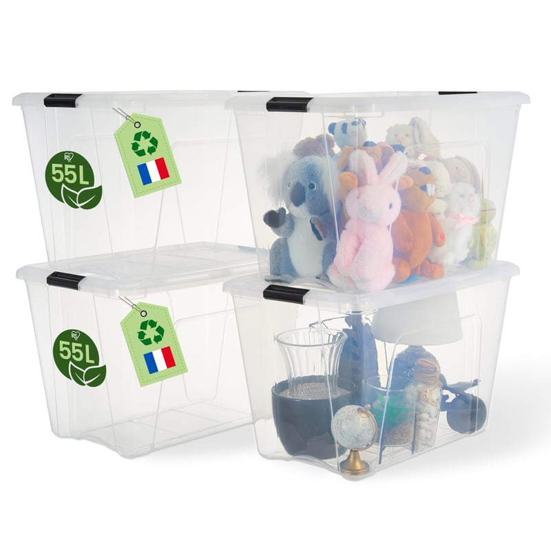 Iris Ohyama BSB-55 Kutija za pohranu s poklopcem, 55L, set od 4 komada, prozirna, složiva, s ručkama, plastika bez BPA, za spavaću sobu, ured
