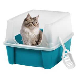 Iris Ohyama CLH-12 XXL macska WC lapáttal, kék, nyitott, magas levehető peremmel, BPA-mentes, nagy macskáknak, 7 kg-ig