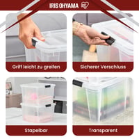 Iris Ohyama HB-30 Tárolódoboz Fedéllel, 30 L, 3 db-os Készlet, Átlátszó, Biztonságos Zár, Egymásra Rakható, Fogantyúval, BPA-mentes Műanyag 4