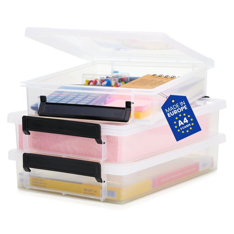 Set cutii de depozitare din plastic Iris Ohyama LLB-A4 – pentru documente A4, 36,5 x 25 x 7 cm, 3 bucăți, fără BPA, stivuibile