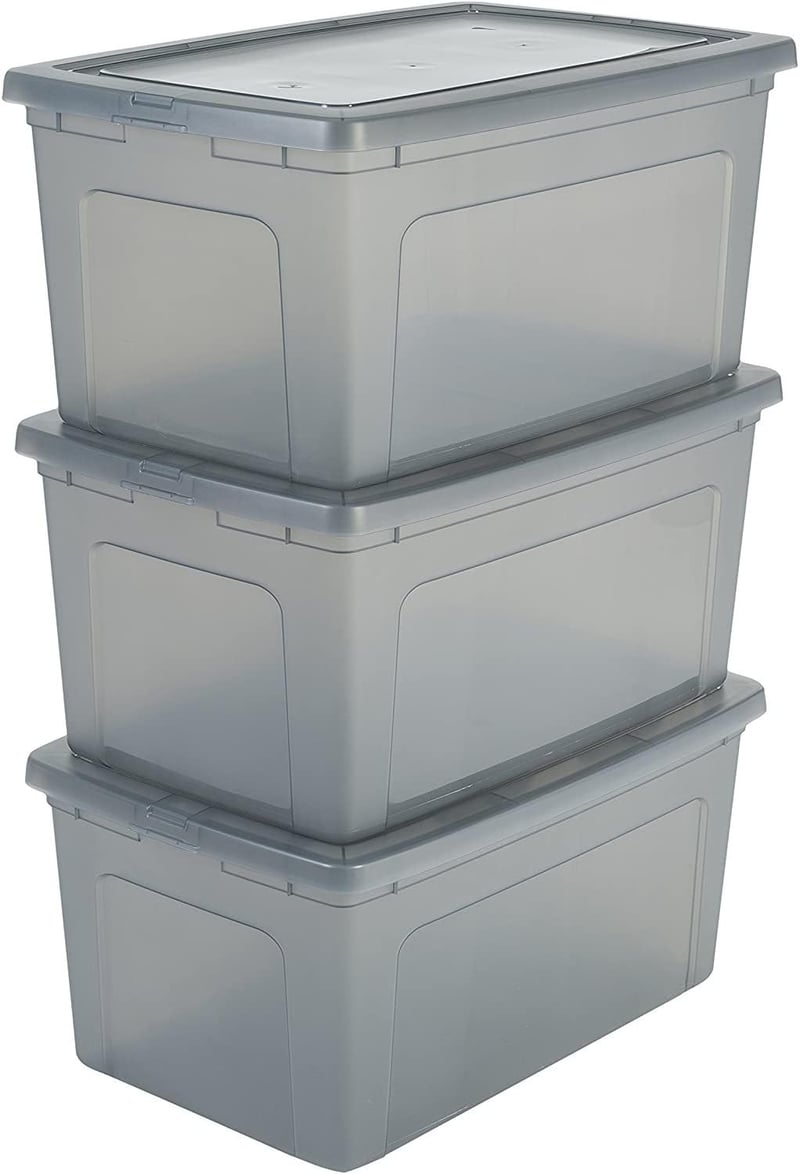 Set cutii de depozitare Iris Ohyama MCB-50, 50L, Gri, cu capac, stivuibile, plastic, 3 bucăți, pentru dulap, raft, jucării, încălțăminte