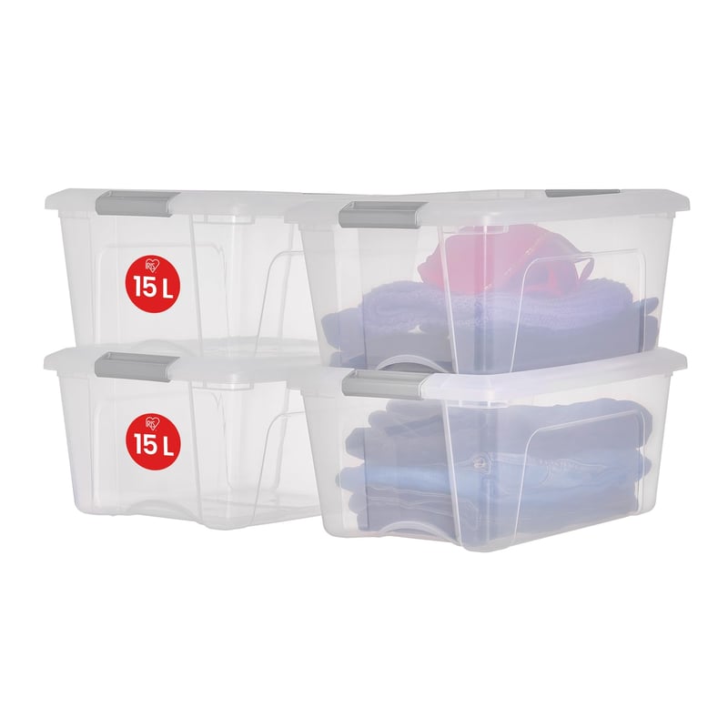 Plastový úložný box Iris Ohyama NTB-15 s vekom, 15 l, súprava 4 ks, strieborný, uzatvárateľný na klipy, stohovateľný, bez BPA