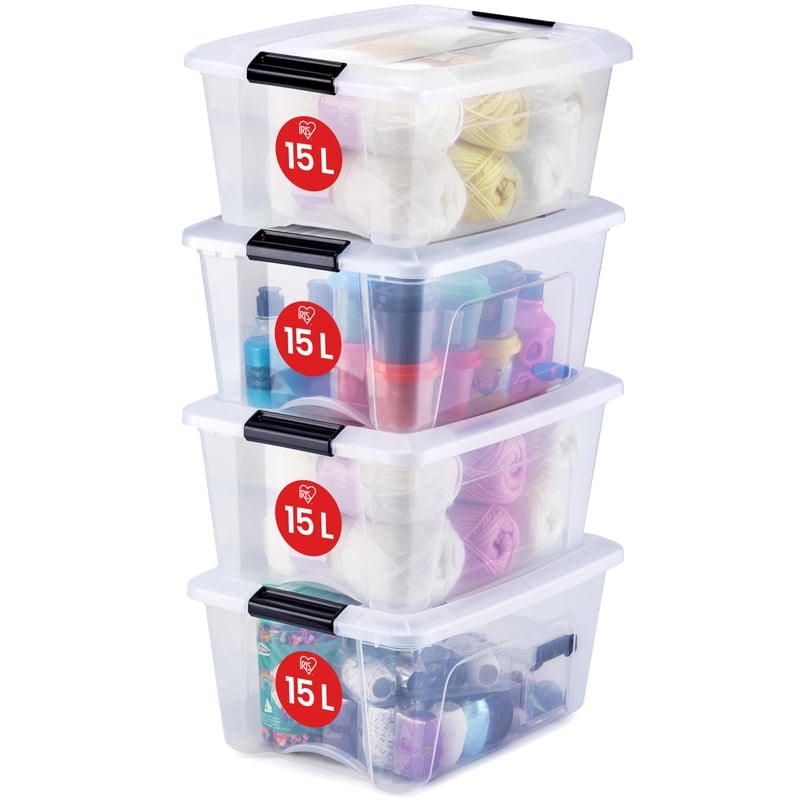 Úložný box s vekom Iris Ohyama NTB-15, 15 l, 4 ks, priehľadný, uzamykateľný klipsou, stohovateľný, bez BPA, 29x39,5x18,5 cm, organizér