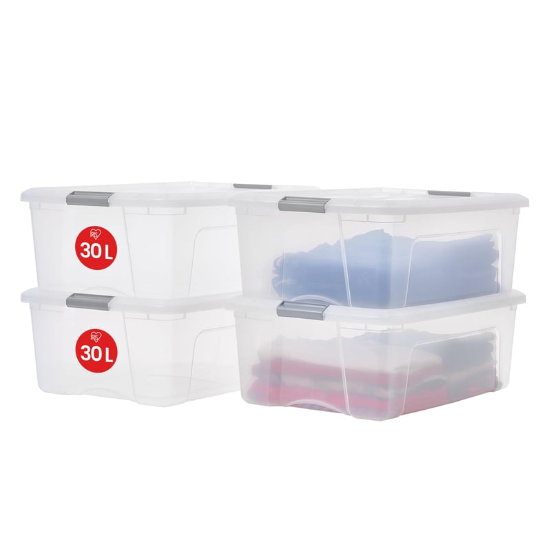 Úložný box s vekom Iris Ohyama NTB-30, 30 l, 4 ks, strieborný, bezpečné uzatváranie, stohovateľný, s rukoväťami, bez BPA, do spálne, šatníka, kancelárie