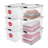 Cutie de depozitare Iris Ohyama NTB-45 cu capac, 45 L, set de 6 bucăți, transparentă, închidere cu clips, stivuibilă, plastic fără BPA, cu mâner 1