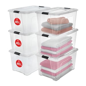 Úložný box Iris Ohyama NTB-45 s vekom, 45 l, sada 6 ks, priehľadný, so západkovým uzáverom, stohovateľný, plast bez BPA, s rukoväťou
