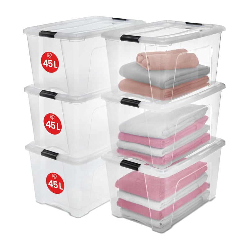 Cutie de depozitare Iris Ohyama NTB-45 cu capac, 45 L, set de 6 bucăți, transparentă, închidere cu clips, stivuibilă, plastic fără BPA, cu mâner