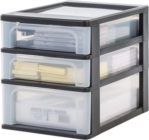 Organizator de birou Iris Ohyama OCH-2021 cu 3 sertare (2 plate + 1 adânc), negru, sistem Easy Pull, format A4 A5 A6, fără BPA, organizator de birou