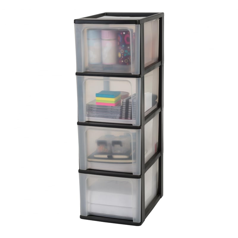 Comodă cu sertare din plastic Iris Ohyama OCH-2400, 4 sertare mari, format A4, 13 L, negru, organizator pentru birou și sufragerie, fără BPA