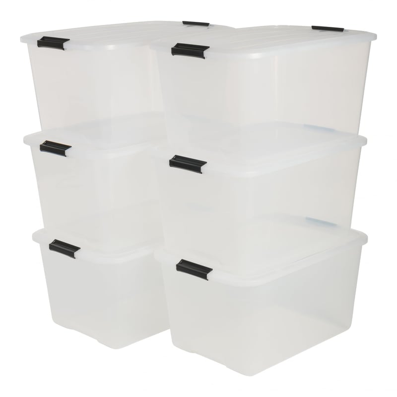 Priehľadný úložný box s vekom Iris Ohyama TB-45, 45 l, súprava 6 ks, so zaklapávacím uzáverom, stohovateľný, na oblečenie, do garáže, do kancelárie