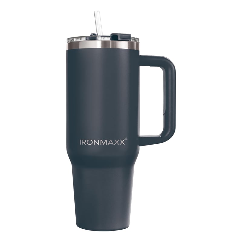 Pohár IronMaxx s uchom - antracitový 1,2 l | So slamkou | Nerezová oceľ | Dvojstenná tepelná izolácia | Udrží nápoj teplý aj studený