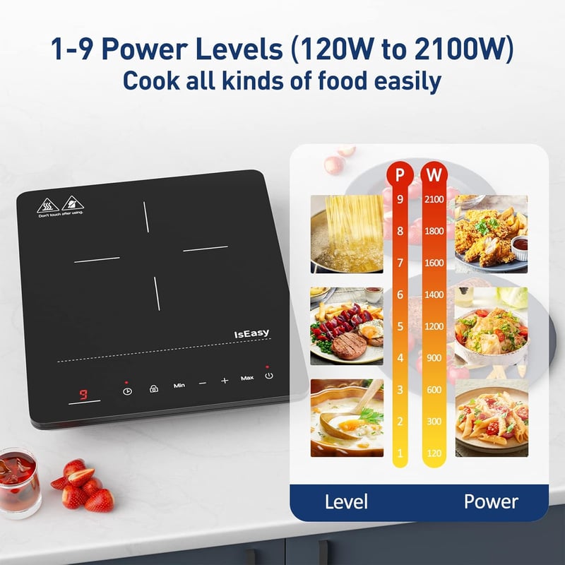 IsEasy Indukciós Főzőlap 2100W - Hordozható Egyzónás Elektromos Tűzhely 28cm, Gyerekzárral, 9 Hőfokozattal és 8 Órás Időzítővel, Fekete