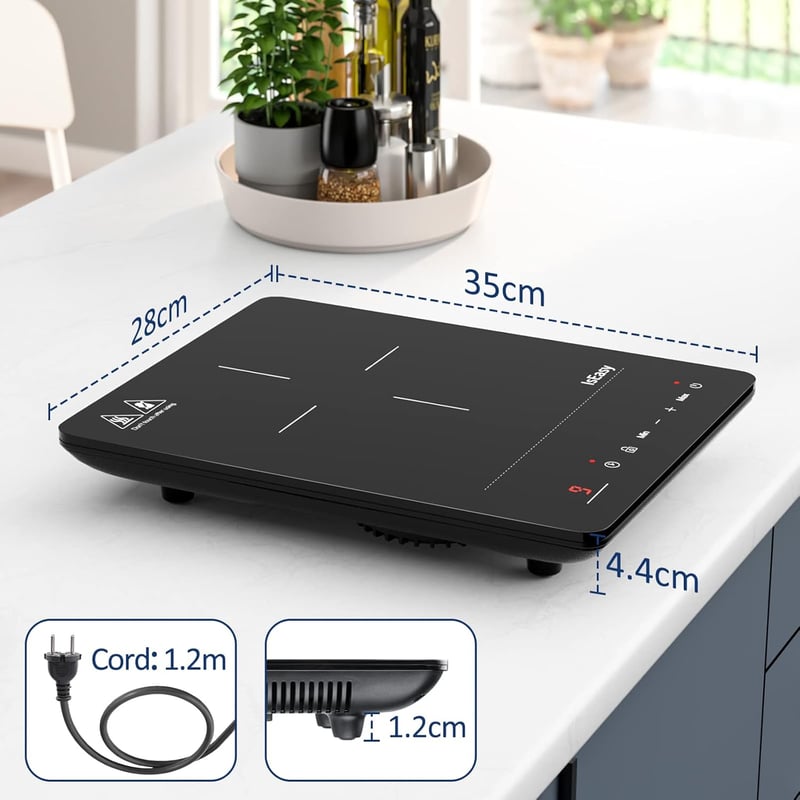 IsEasy Indukciós Főzőlap 2100W - Hordozható Egyzónás Elektromos Tűzhely 28cm, Gyerekzárral, 9 Hőfokozattal és 8 Órás Időzítővel, Fekete