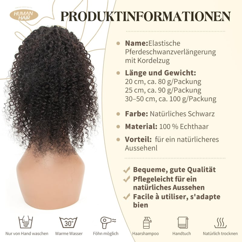 ISHEENY Afro Kinky Curly Lófarok Valódi Hajból, Fekete, 35 cm, Hajhosszabbítás Gumival