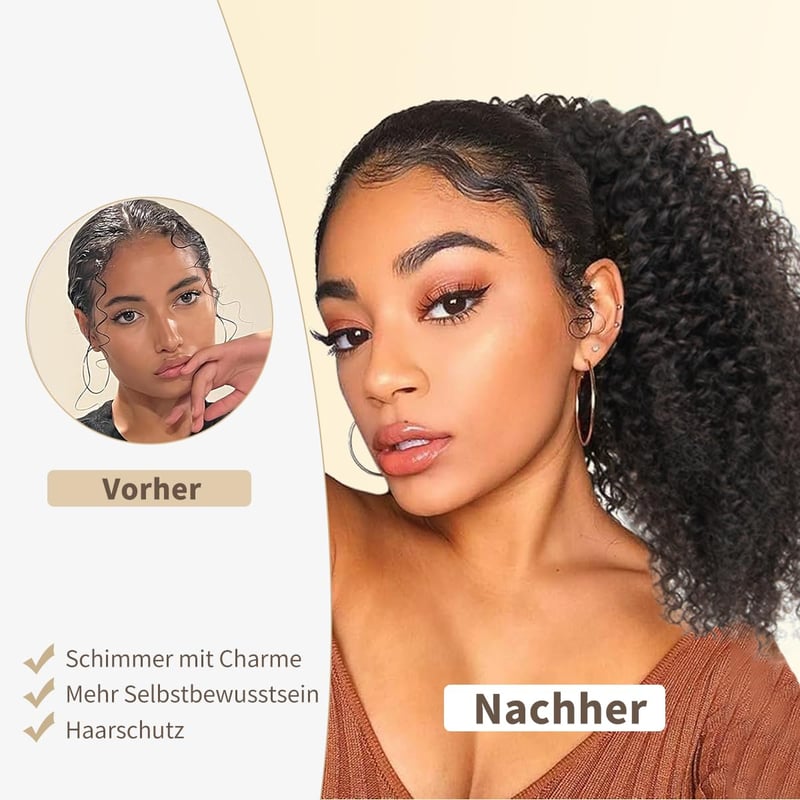 ISHEENY Afro Kinky Curly Lófarok Valódi Hajból, Fekete, 35 cm, Hajhosszabbítás Gumival