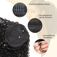 ISHEENY Afro Kinky Curly Lófarok Valódi Hajból, Fekete, 35 cm, Hajhosszabbítás Gumival 5