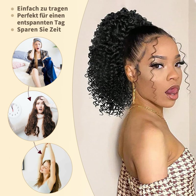 ISHEENY Afro Kinky Curly Lófarok Valódi Hajból, Fekete, 35 cm, Hajhosszabbítás Gumival