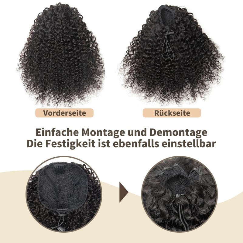 ISHEENY Afro Kinky Curly Lófarok Valódi Hajból, Fekete, 35 cm, Hajhosszabbítás Gumival