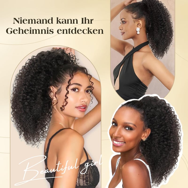 ISHEENY Afro Kinky Curly Lófarok Valódi Hajból, Fekete, 35 cm, Hajhosszabbítás Gumival
