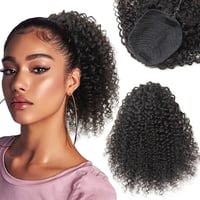ISHEENY Afro Kinky Curly Lófarok Valódi Hajból, Fekete, 35 cm, Hajhosszabbítás Gumival 1