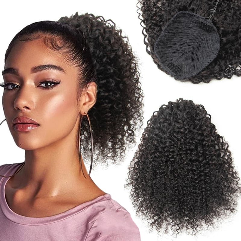 ISHEENY Afro Kinky Curly Lófarok Valódi Hajból, Fekete, 35 cm, Hajhosszabbítás Gumival