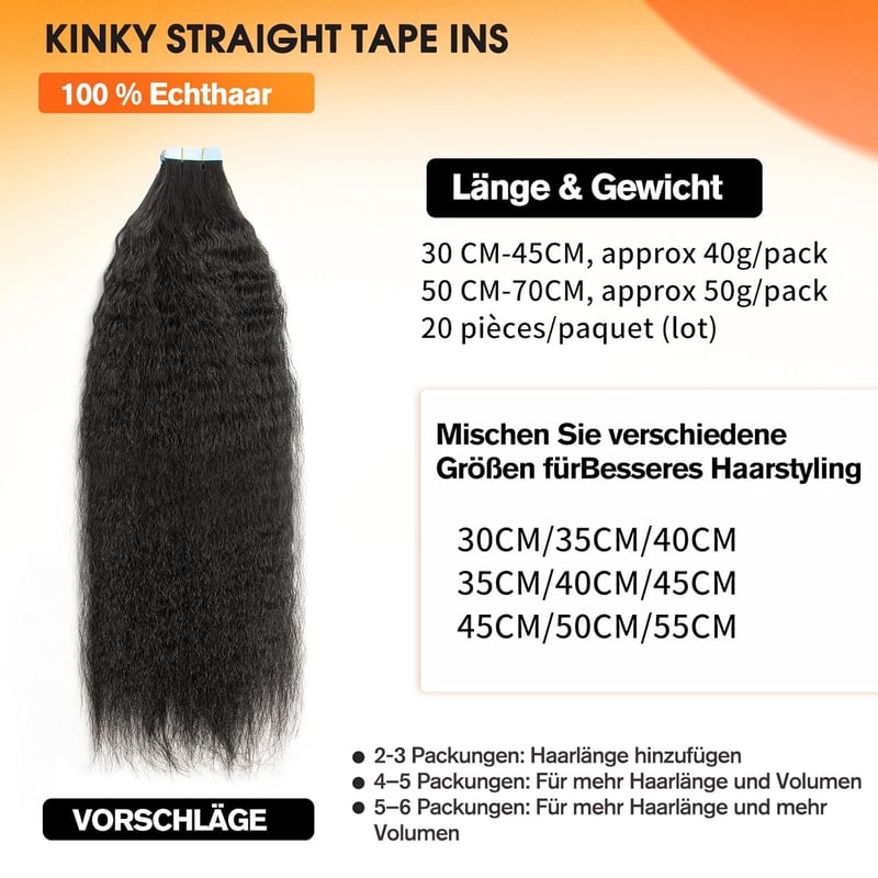 ISHEENY Tape-In Valódi Hajhosszabbítás Göndör 55cm Természetes Fekete 50g