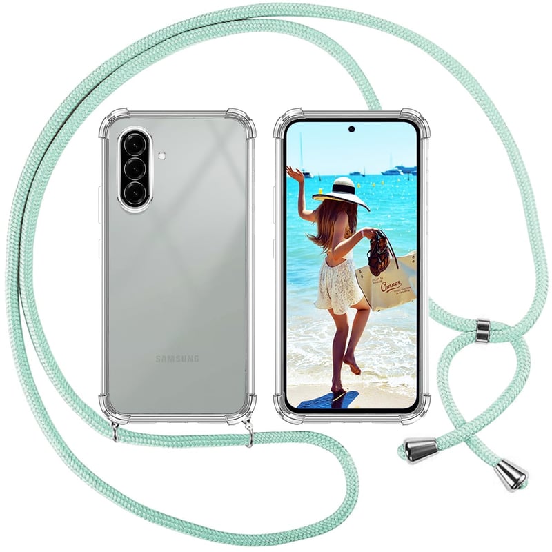 Priehľadný silikónový TPU kryt ISOI pre Samsung Galaxy A56 5G so zelenou šnúrkou na krk, nárazuvzdorný, odolný voči poškriabaniu, tenký zadný kryt s popruhom