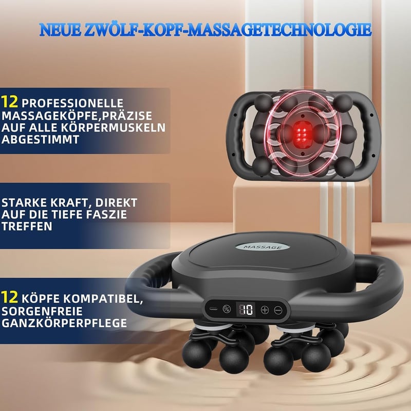 iToncs 12 fejű masszázsfegyver 9 masszázsmóddal és 9 sebességfokozattal mély izomlazítás láb, kar, hát egész testhez