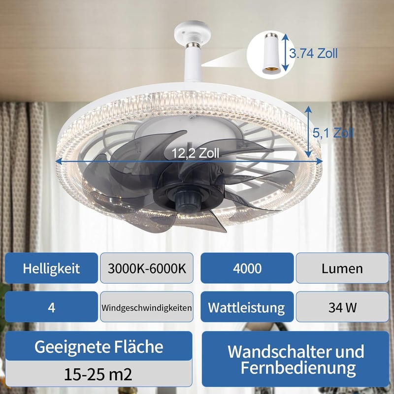 iToncs LED mennyezeti ventilátor távirányítóval, 3 hőmérséklet és 4 sebesség, csendes dimmelhető lámpa fehér