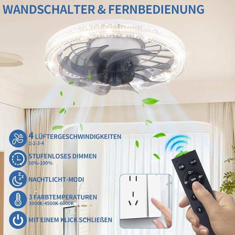 iToncs LED mennyezeti ventilátor távirányítóval, 3 hőmérséklet és 4 sebesség, csendes dimmelhető lámpa fehér