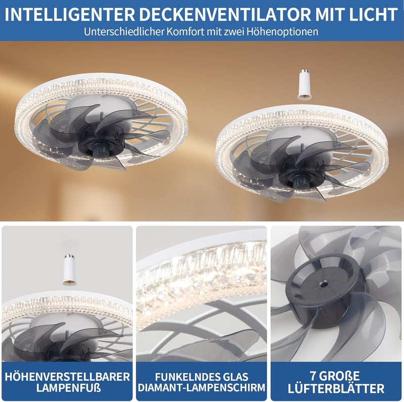 iToncs LED mennyezeti ventilátor távirányítóval, 3 hőmérséklet és 4 sebesség, csendes dimmelhető lámpa fehér