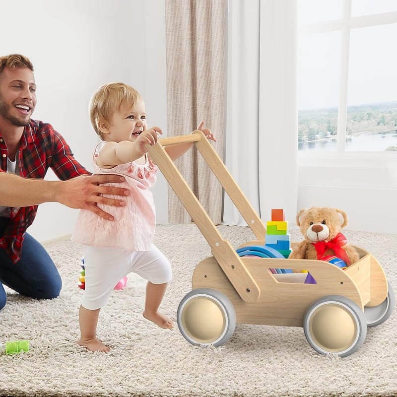 Itslife Fa babakocsi járóka kerekekkel fiúknak és lányoknak, tologatós húzós első sétálós játék, természetes szín