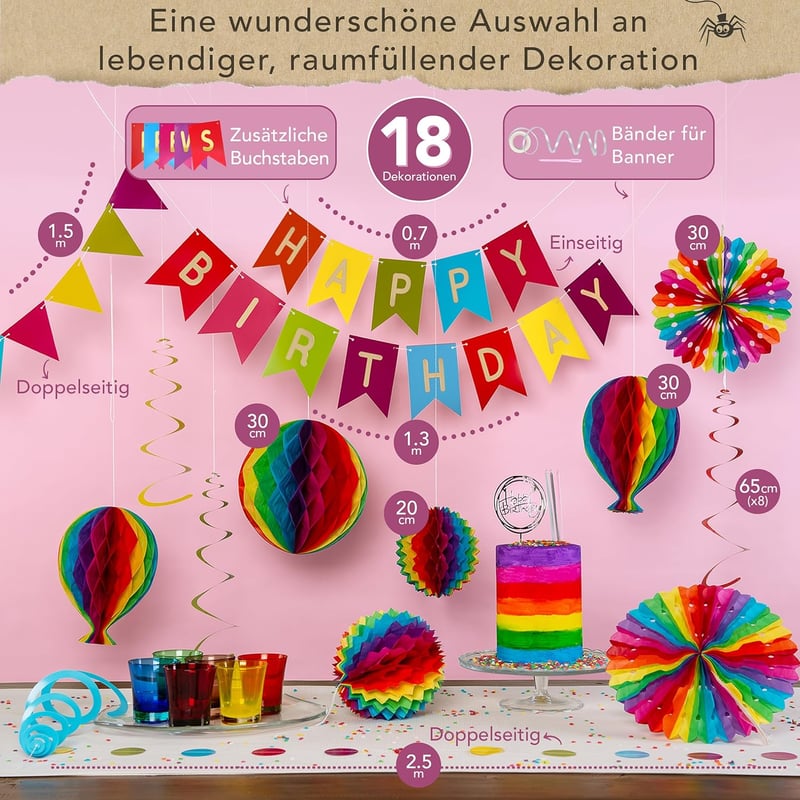 Itsy Bitsy Party Co Szivárványos Születésnapi Dekoráció Szett - Újrahasználható Papír Füzér, Méhsejt Gömbök, 18 Darabos Parti Díszítés