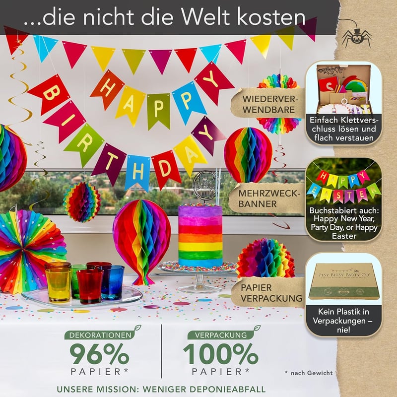 Itsy Bitsy Party Co Szivárványos Születésnapi Dekoráció Szett - Újrahasználható Papír Füzér, Méhsejt Gömbök, 18 Darabos Parti Díszítés