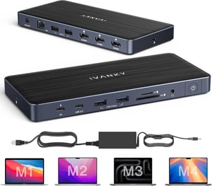 IVANKY Docking Station USB-C 14-în-1 FusionDock Pro, 3x HDMI 4K 60Hz, DisplayLink pentru MacBook M2/M3/M4/M5 Air Pro, 96W PD, sursă de alimentare 150W, cititor carduri SD/TF