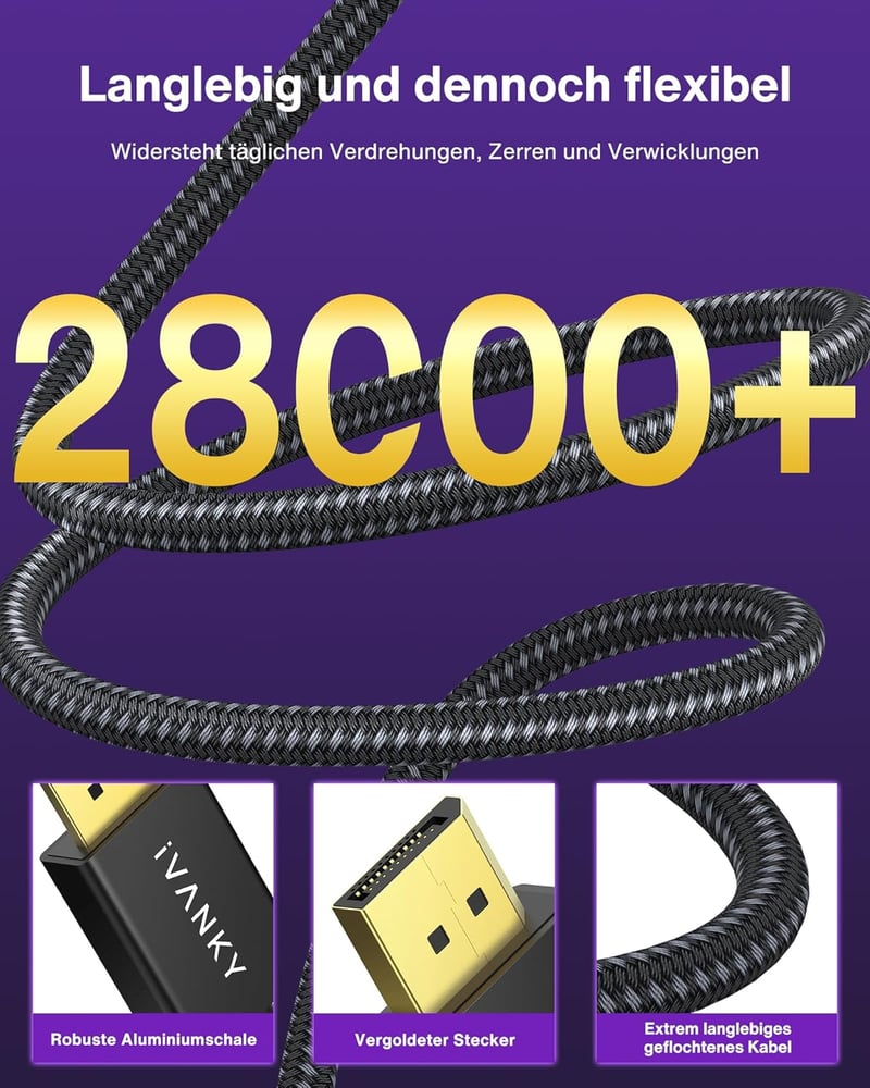 IVANKY DisplayPort 1.4 Kábel 2m, 8K 60Hz, 4K 165Hz, Gaming Monitor Kábel