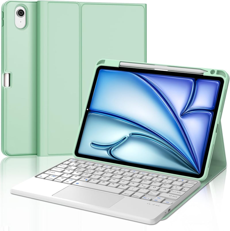 IVEOPPE iPad Air 11" Bluetooth Billentyűzet Érintőpaddal, Zöld Tok Tolltartóval