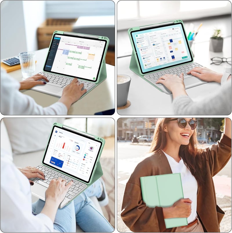 IVEOPPE iPad Air 11" Bluetooth Billentyűzet Érintőpaddal, Zöld Tok Tolltartóval