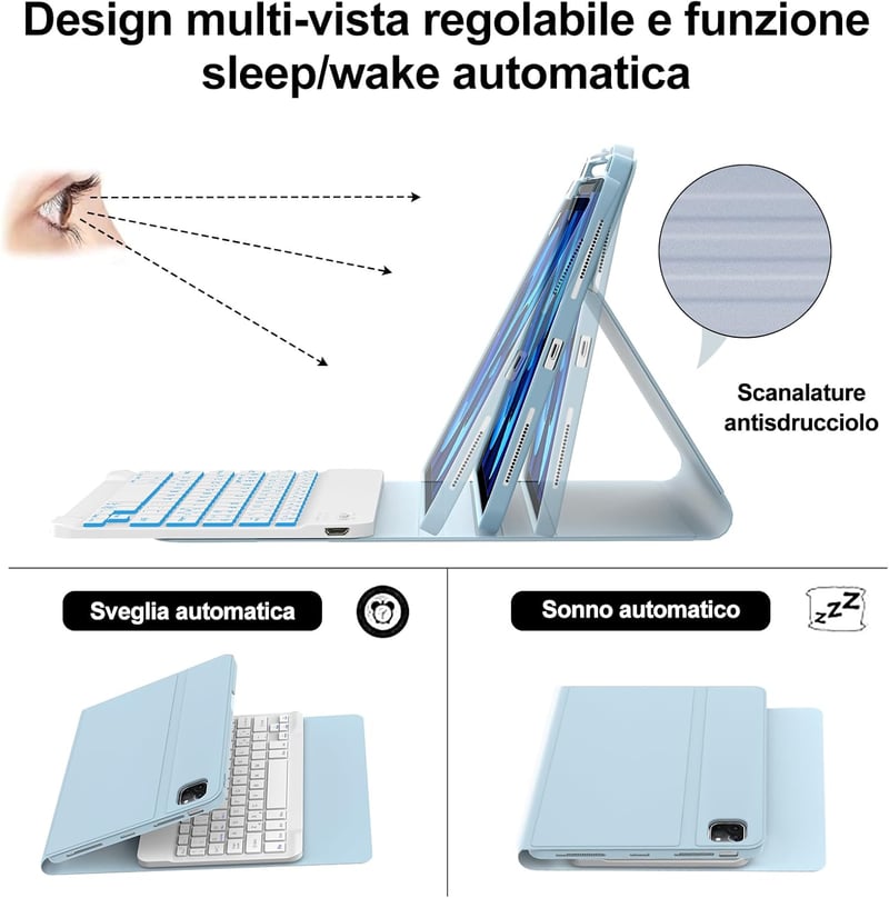 IVEOPPE iPad Air 5/4 Generáció Billentyűzet Tok Háttérvilágítással, iPad Pro 11" Bluetooth Vezeték Nélküli Billentyűzet, Égkék